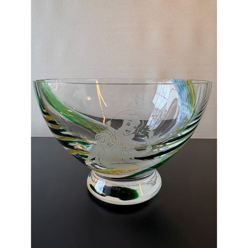 Clear Art Glass Bowl Green Swirl Disney Character Engraved